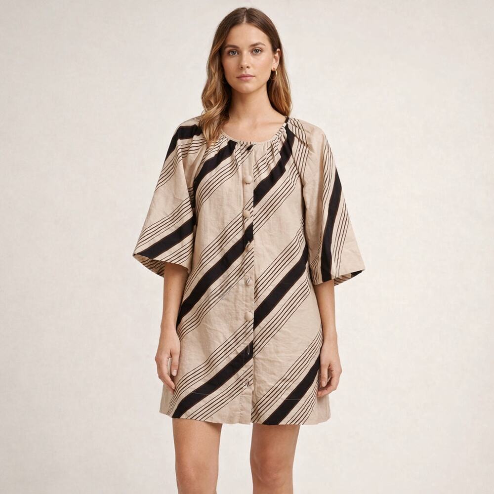 Karlie Juliet Stripe Puff Sleeve Button Dress Size Medium Tan and Brown Stripes